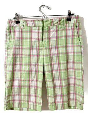 New York & Company Manhattan Chino Plaid Bermuda Shorts Green Pink White Size 8